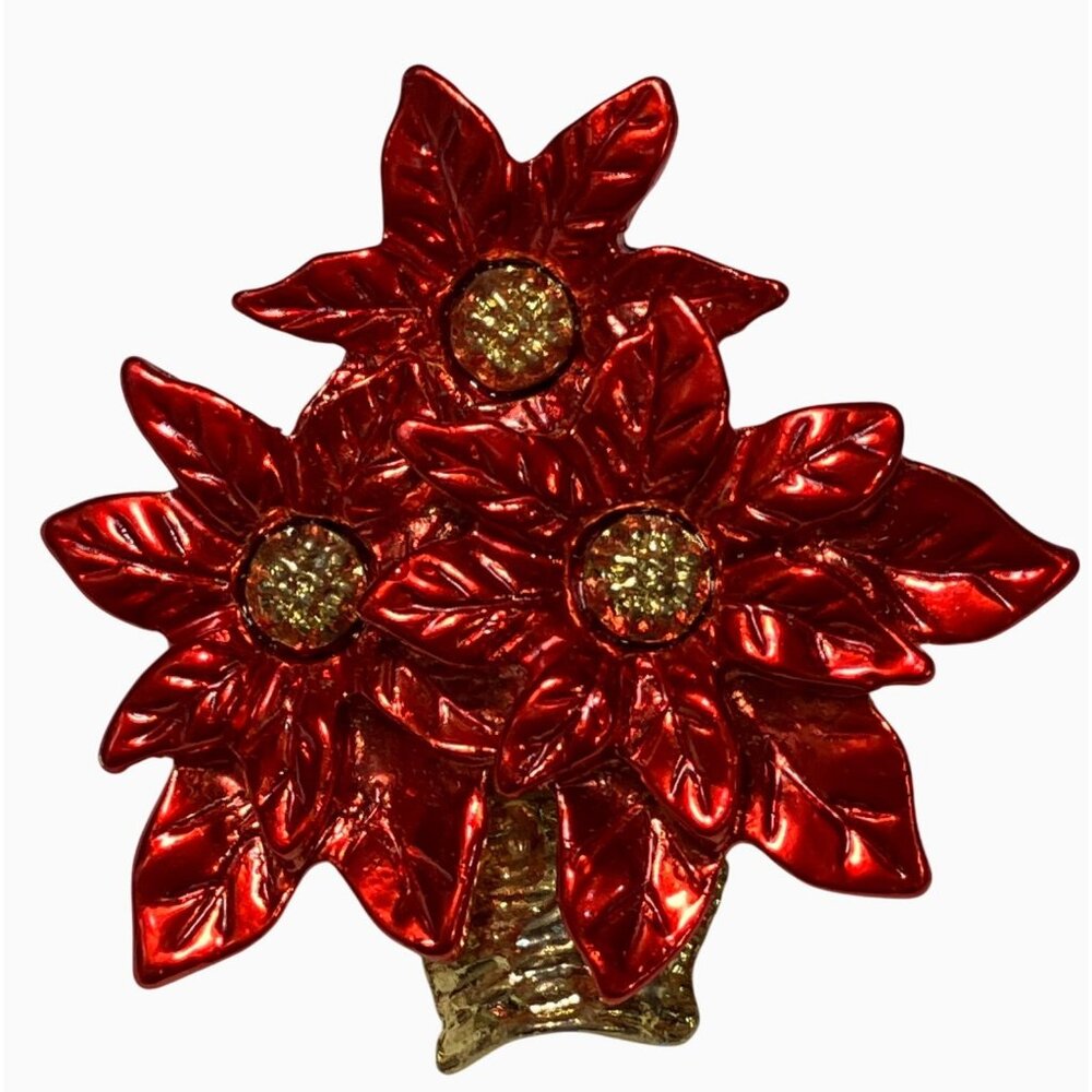 Red Poinsettia Flower Brooch Pin Gold-Tone Metal Festive Holiday Jewelry